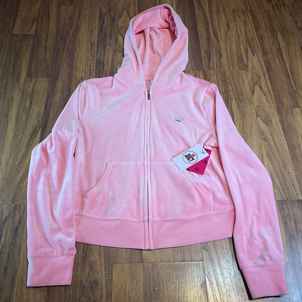 Juicy Couture Velour Hoodie Womens Medium Pink Zip Up Glitter Logo Y2K NWT Flaw